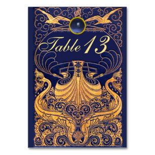 Numéro De Table Bateau antique, Dauphins, Or, Bleu marine Nautique