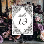 Numéro De Table Batte victorienne jusqu'à la mort Mariage noir et<br><div class="desc">Élevez votre mariage gothique avec un numéro de table de mariage d'inspiration victorienne qui respire l'élégance et le mystère intemporels. Conçu pour ressembler à une reliure de livre ancien, ce design époustouflant comprend un filigrane noir et blanc, évoquant le charme d'une époque révolue. Laissez votre histoire d'amour se dérouler avec...</div>