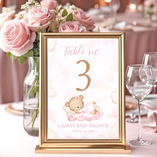 Numéro De Table Bear Pink Girl Baby shower Numéro de tableau Signa