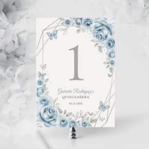 Numéro De Table Bébé Bleu Argent Floral Quinceanera