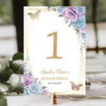 Numéro De Table Bébé Bleu Lilac Floral Or Quinceañera Sweet 16<br><div class="desc">Personnalisez cette belle violette lilas et bébé bleu floral quinceañera / fête d'anniversaire / douche nuptiale / baby shower / mariage carte numéro de table facilement et rapidement. Cliquez simplement sur le bouton "Modifier à l'aide des outils de conception" pour modifier le texte, le libellé, le style de police, la...</div>