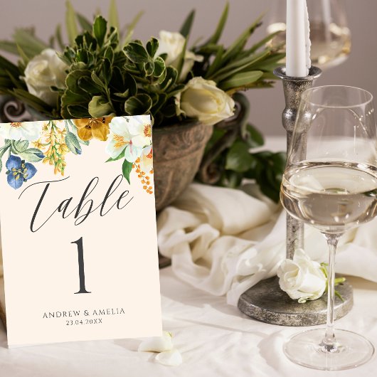 Numéro De Table Beige Aquarelle fleurie Mariage