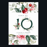 Numéro De Table Berry | Numéro de tableau 10<br><div class="desc">Cette délicate bordure de verdure aquarelle a des couleurs traditionnelles de Noël, vert de forêt, vert d'olive et rouge canneberge sur le blanc éclatant. Le numéro de table est présenté dans le centre en vert de forêt avec des baies rouges et de la verdure. Les autres détails du mariage sont...</div>