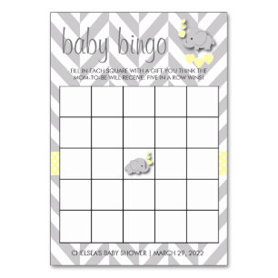 Numéro De Table Bingo Baby shower Eléphant Jaune et Gris Douce