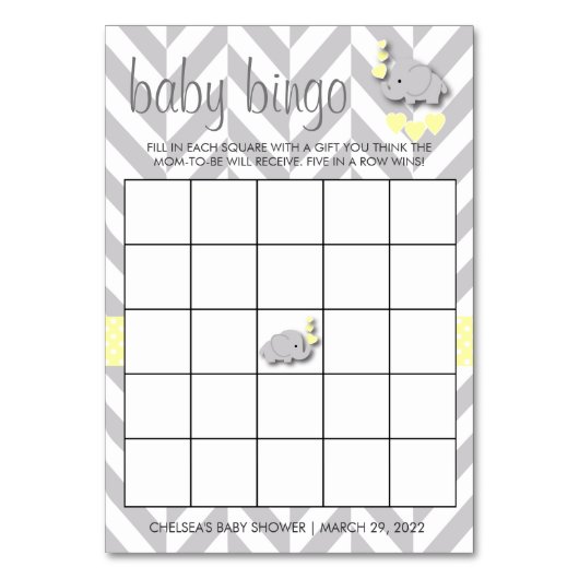 Numéro De Table Bingo Baby shower Eléphant Jaune et Gris Douce (Par défaut)