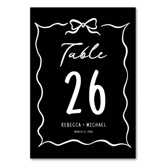 Numéro De Table Black Hand Drawn White Bow Wedding (Dos)