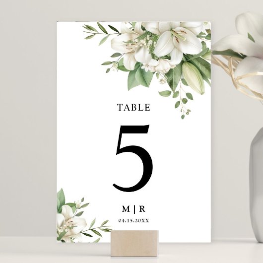 Numéro De Table Blanc Lily Elegant Aquarelle Floral Mariage