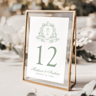 Numéro De Table Blason Floral Vert Sauge Élégant Monogramme de Mar