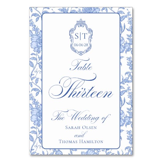 Numéro De Table Blason Monogramme Fleurs Bleu Script Treize (Par défaut)