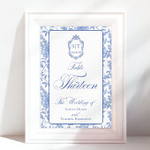 Numéro De Table Blason Monogramme Fleurs Bleu Script Treize