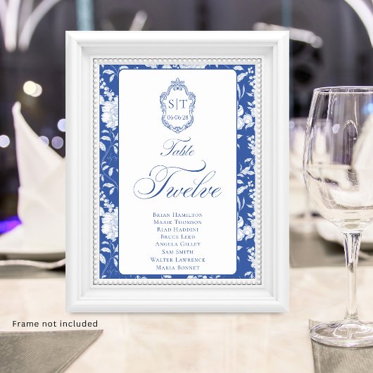 Numéro De Table Blason Monogramme Fleurs Bleues Script Douze 8 Nom