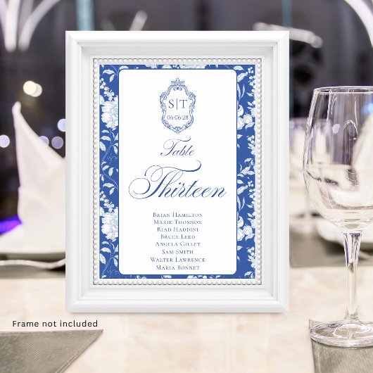 Numéro De Table Blason Monogramme Fleurs Bleues Script Treize 8 No