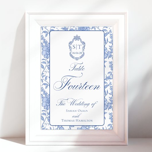 Numéro De Table Blason Monogramme Script Floral Bleu Quatorze