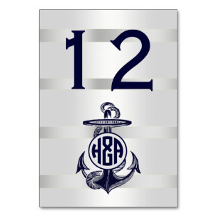 Numéro De Table Bleu Ancre Argent Blanc Marine Monogramme 33