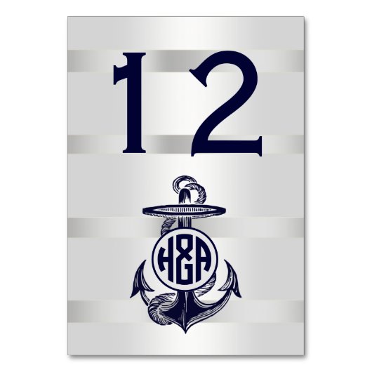 Numéro De Table Bleu Ancre Argent Blanc Marine Monogramme 33 (Par défaut)
