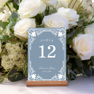 Numéro De Table Bleu Dusty Mariage Élégant cadre Vintage blanc