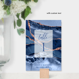 Numéro De Table Bleu élégant, Rose Or Agate et Blue Foil