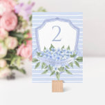 Numéro De Table Bleu Hydrangea Aquarelle Mariage Crest<br><div class="desc">Cette belle carte de numéro de tableau floral dispose d'une crête bleu aquarelle avec des fleurs d'hydrangée et votre texte personnalisé sur les deux côtés de la carte. Utilisez le modèle pour remplir vos informations. La fonction "Personnaliser plus loin" peut être utilisée pour modifier la police (taille, style, couleur), ajouter...</div>