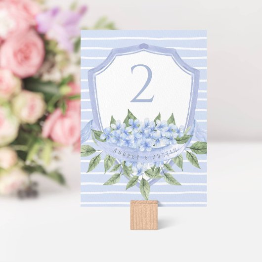 Numéro De Table Bleu Hydrangea Aquarelle Mariage Crest