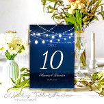 Numéro De Table Bleu Night et Argent String Mariage<br><div class="desc">Illuminez votre salle mariage avec nos numéros de table de Mariage Blue Night & Silver String Lights. Cessez de mettre l'accent sur vos numéros de table de mariage, car nous sommes votre partenaire pour les numéros de table de mariage individuels. Conçu délicatement avec amour par Mylini Design, ces numéros de...</div>