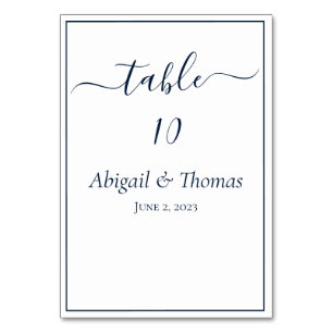 Numéro De Table Bleu Nuit Blanc Calligraphie Script Élégant Mariag