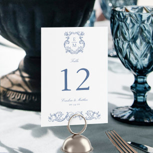 Numéro De Table Bleu Vintage Baroque Monogram Crest Mariage