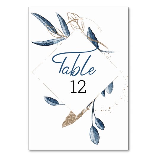 Numéro De Table Blue Gold Moderne Floral Mariage élégant (Dos)