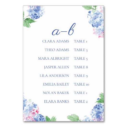 Numéro De Table Blue Hydrangea Elegant Alphabetic Seating Charts (Par défaut)