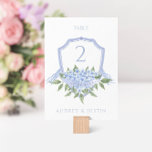 Numéro De Table Blue Hydrangea Elegant Aquarelle Mariage Crest<br><div class="desc">Cette belle carte de numéro de tableau floral dispose d'une crête bleu aquarelle avec des fleurs d'hydrangée et votre texte personnalisé sur les deux côtés de la carte. Utilisez le modèle pour remplir vos informations. La fonction "Personnaliser plus loin" peut être utilisée pour modifier la police (taille, style, couleur), ajouter...</div>