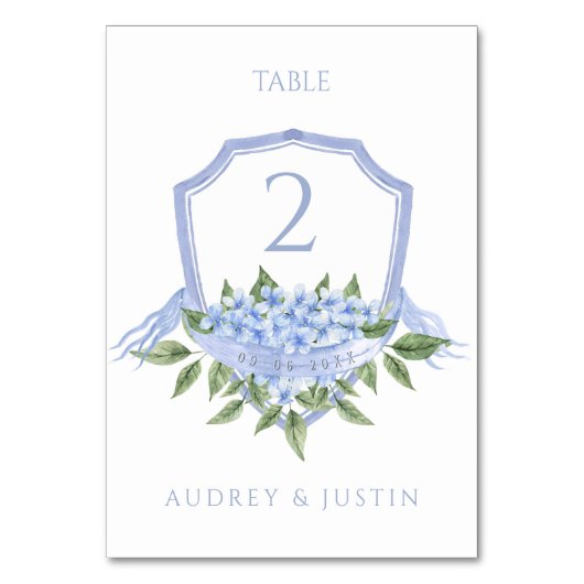 Numéro De Table Blue Hydrangea Elegant Aquarelle Mariage Crest (Dos)