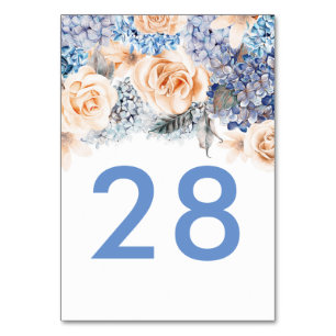 Numéro De Table Blue Hydrangea et Pêcher Roses Mariage