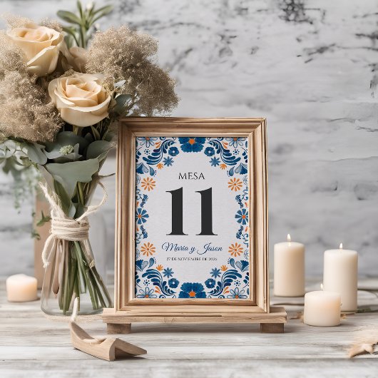 Numéro De Table Blue Orange Floral Elegant Fiesta Spanish Wedding