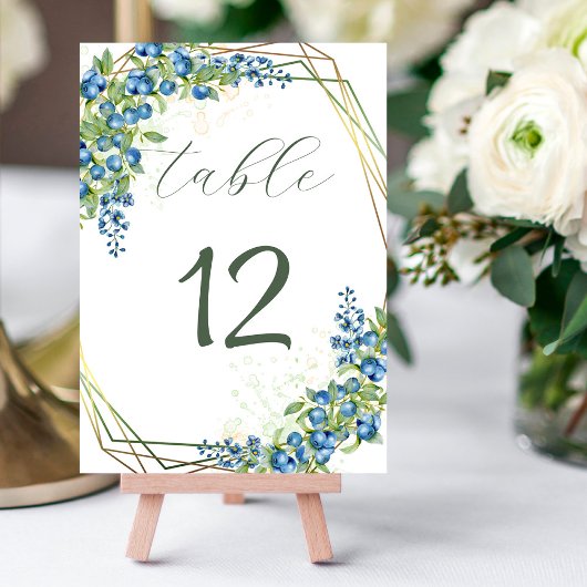 Numéro De Table Blueberry et Fleurs sauvages bleus avec Faux Gold