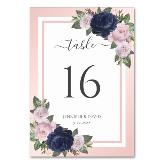 Numéro De Table Blush Navy Blue Floral Mariage Numéro de tableau (Dos)