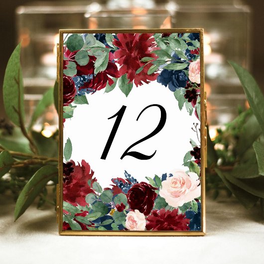 Numéro De Table Boho Bloom | Burgundy Red et Navy Blue Frame
