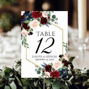 Numéro De Table Boho Bloom Burgundy Rouge et bleu marine Personn
