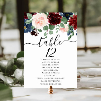 Numéro De Table Boho Bloom | Burgundy Rouge et Marine Bleu Siège