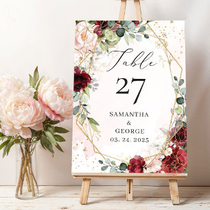 Numéro De Table Boho bordeaux or floral géométrique eucalyptus