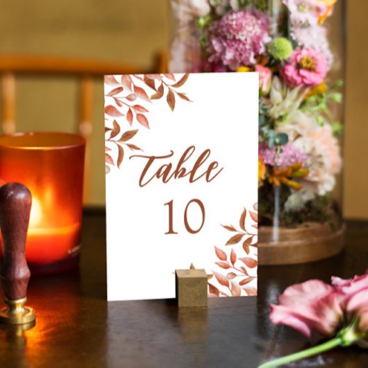 Numéro De Table Boho Burnt Orange Feuilles Mariage en terre cuite