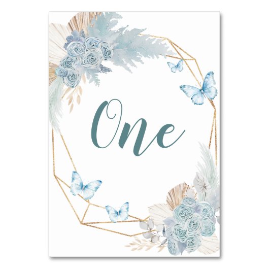 Numéro De Table Boho Dusty Bleu papillon Anniversaire (Dos)