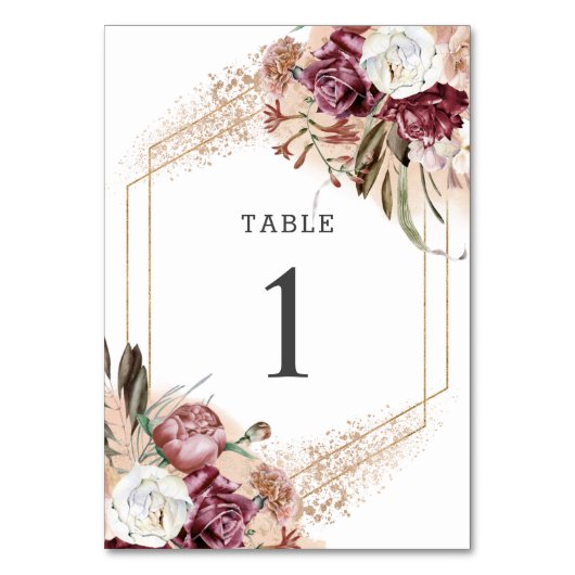 Numéro De Table Boho élégant en Bourgogne, Blush & Rose or (Dos)