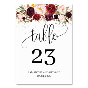 Numéro De Table Boho marsala bleu rose floral or mariage