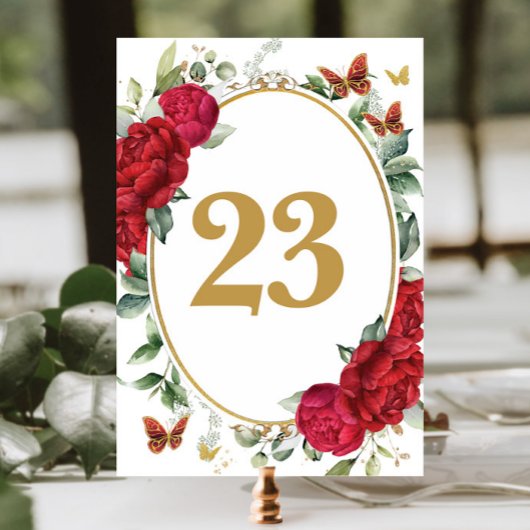Numéro De Table Boho Red Peonies Floral Gold Butterflies Anniversa
