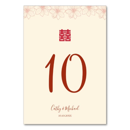 Numéro De Table Boho rouge beige floral mariage chinois double xi (Par défaut)