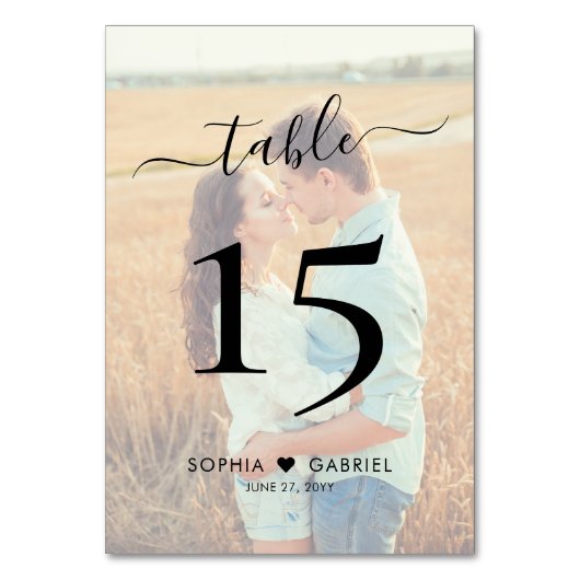 Numéro De Table Boho Script Heart Photo Mariage double face (Dos)