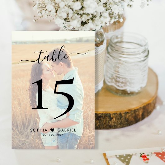 Numéro De Table Boho Script Heart Photo Mariage double face