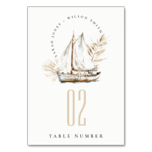 Numéro De Table Boho Watercolor Palm Voilier Mariage marin