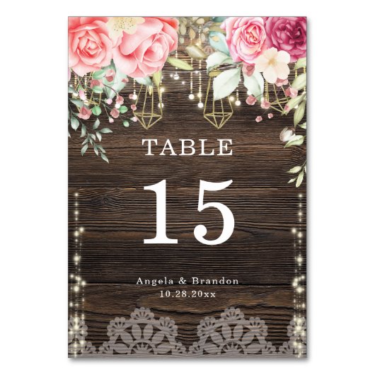 Numéro De Table Bois rustique Floral String lumières Mariage (Par défaut)