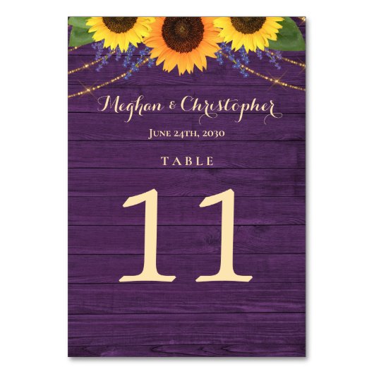 Numéro De Table Bois violet rustique Lumières Mariage de tournesol (Dos)