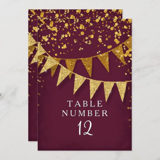 Numéro de table bordeaux pailleté or bannière mode (Devant / Derrière)